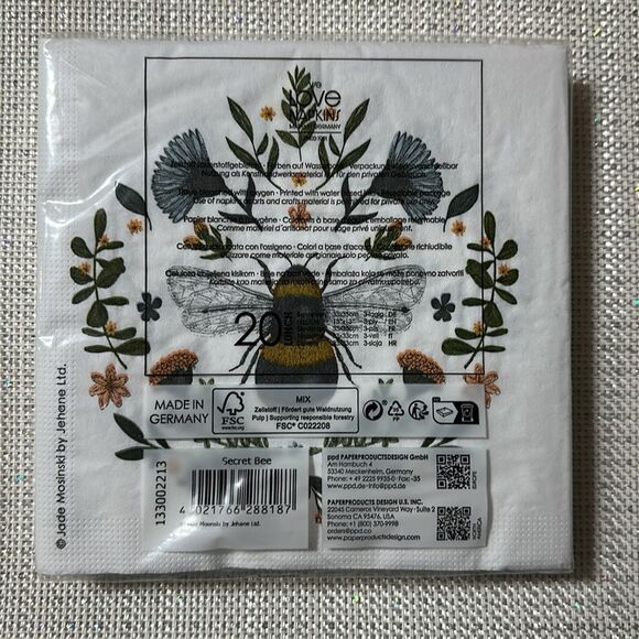 PPD White Blue Black Gold Green Secret Bee Square Napkins set of 2 - Picture 4 of 5